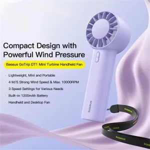 Baseus GoTrip DT1 Mini Turbine Handheld Fan 3 Speed Adjustable Portable Fan 1200mAh Rechargeable Fan for Desktop Outdoor Camping