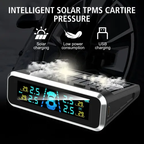Solar Charging TPMS Car Tire Pressure Monitoring System Digital LCD Display Four-wheel Pressure Real-time Monitorings