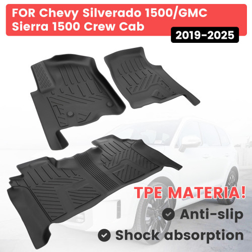 Floor Mats Anti-Slip Easy to Clean Black For 2019-2025 Chevrolet Silverado 1500/GMC Sierra 1500 & 2020-2025 Chevy Silverado/GMC Sierra 2500HD/3500HD Crew Cab with Rear Underseat Storage Box Front Bucket Seat