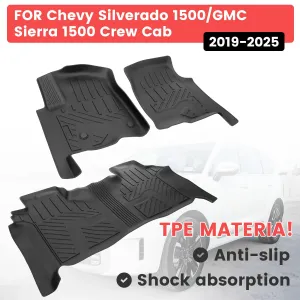 Floor Mats Anti-Slip Easy to Clean Black For 2019-2025 Chevrolet Silverado 1500/GMC Sierra 1500 & 2020-2025 Chevy Silverado/GMC Sierra 2500HD/3500HD Crew Cab with Rear Underseat Storage Box Front Bucket Seat