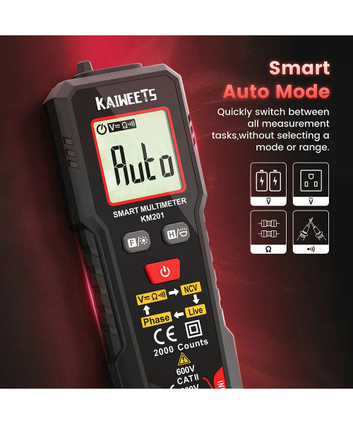 Direct KAIWEETS KM201 Digital Multimeter True-RMS 2000 Counts - Measures Up to 600V AC/DC Voltage Resistance Frequency with Backlight and Flashlight Auto Mode Data Hold Overload Protection