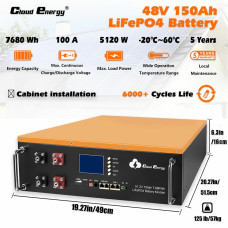 Cloudenergy 48V 150Ah Cabinet Type Lithium LiFePO4 Deep Cycle Battery Pack 7680Wh 5120W Energy 6000+ Life Cycles Built-in 100A BMS for RV, Solar, Marine, Overland, Off-Grid CL48-150A