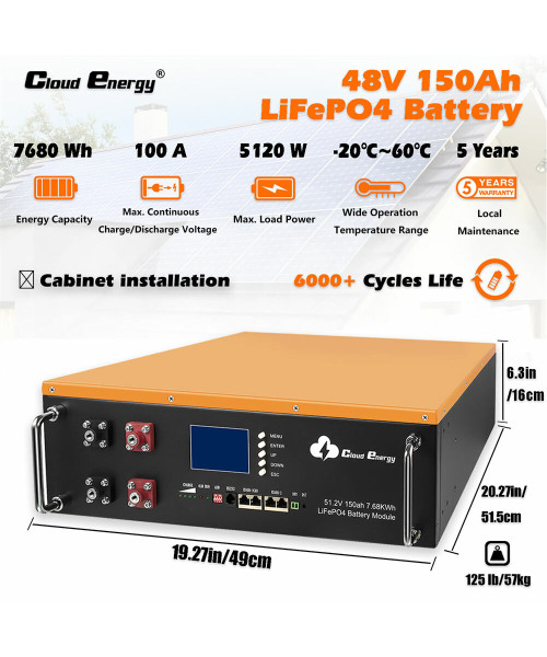 Cloudenergy 48V 150Ah Cabinet Type Lithium LiFePO4 Deep Cycle Battery Pack 7680Wh 5120W Energy 6000+ Life Cycles Built-in 100A BMS for RV, Solar, Marine, Overland, Off-Grid CL48-150A