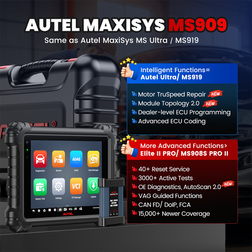 AUTEL MS909 Car Diagnostic Tool Automotive Scanner Same As AUTEL Maxisys MS Ultra / MS919 ECU Programming 3000+ Active Tests 40+ Reset Services OEM Diagnostics CAN FD DoIP