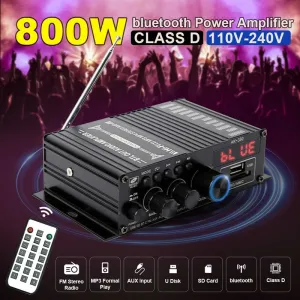 AirAux AK380 Wireless Amplifier 800W MAX Output 2.0 Channel Hi-Fi Class D bluetooth V5.0  Remote Control FM Antenna Integrated Mini Power Amplifier for Car Home Bar Party