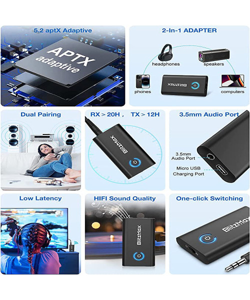 BlitzMax BT05 Transmitter Receiver bluetooth V5.2 Apt Adaptive Low Latency HiFi Sound Dual Link Pairing 2 in 1 Audio Mini Portable Adapter for PC TV Wired Speaker