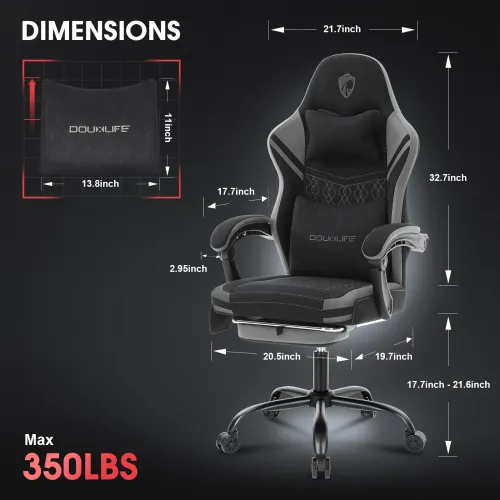 Douxlife GC-RC05 Fabric Gaming Chair Massage with Pocket Spring Widened Cushion High Back Ergonomic Footrest Lumbar Support Upgraded Office Chair
