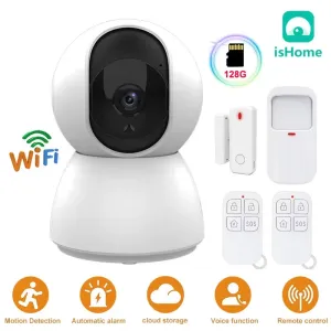 2MP WiFi IOT Camera Smart Home Security Burglar Alarm System Wireless PTZ IR Night Vision Motion Detect Two-way Intercom APP Control Indoors Surveillance Cam with Door and Window Sensor Body IR Sensor