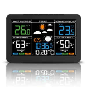 Wireless Weather Station Indoor Outdoor Thermometer Hygrometer with Forecast Moon Phase Barometer Alarm 7 Buttons Backlight RF Sensor Large LCD Display