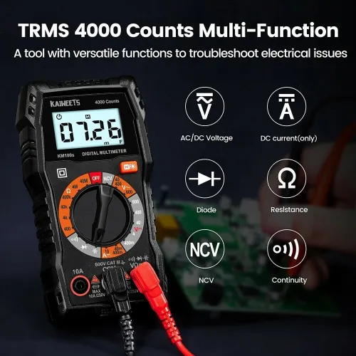 Kaiweets KM100S Digital Multimeter True-RMS Backlit for AC DC Voltage Current Resistance Capacitance Measures Ideal for Household Automotive and Industrial Usage