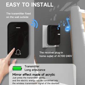 1-to-1 Wireless Music Doorbell IP44 Waterproof 200 Meters Long Range Remote 38 Music Easy Installation Smart Home Battery Operated Door Bell EU Plug Pager