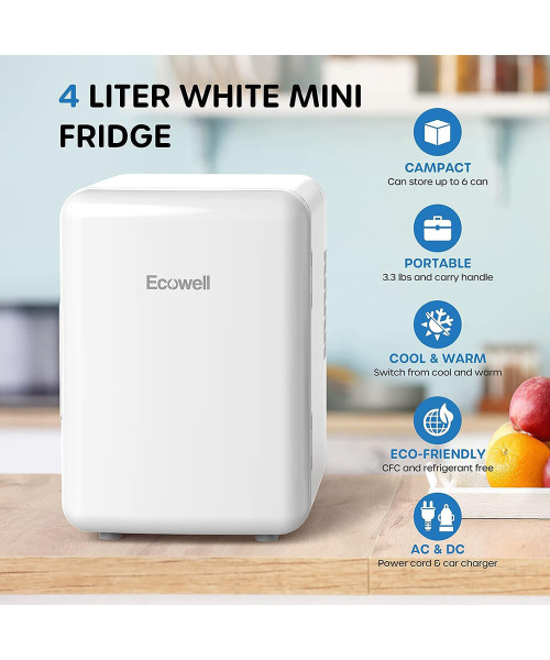 ECOWELL WRE100 Mini Fridge for Bedroom 4L/6 Can Skincare Fridge  AC/DC Portable Compact Small Refrigerator for Office Dorm Car Desk for Skin Care Makeup Cosmetic