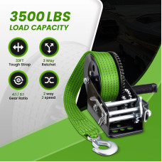 Heavy Duty 3500lbs Boat Trailer Winch with 33ft Green Strap  Manual Winch Handle Dual Gear 4 1/8 1 Ratio for Boats Jet Skis Marine