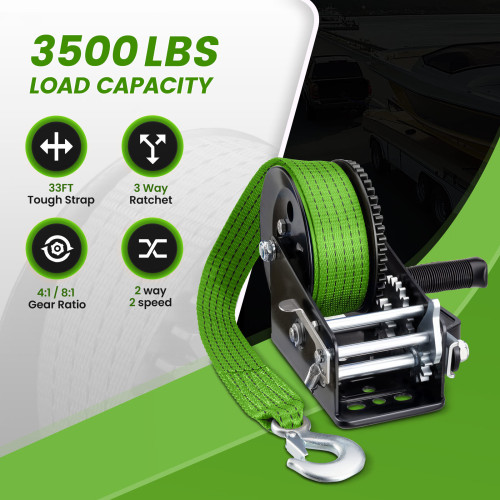 Heavy Duty 3500lbs Boat Trailer Winch with 33ft Green Strap  Manual Winch Handle Dual Gear 4 1/8 1 Ratio for Boats Jet Skis Marine