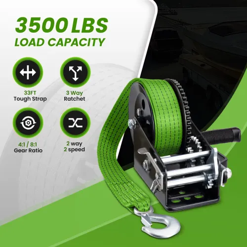 Heavy Duty 3500lbs Boat Trailer Winch with 33ft Green Strap  Manual Winch Handle Dual Gear 4 1/8 1 Ratio for Boats Jet Skis Marine