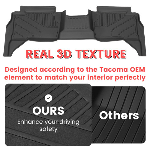 3PCS Car Floor Mats Set For Toyota Tacoma 2024 2025 Double Cab All Weather TPE Material Custom Fit Auto ICE Models Front Rear Row Anti Slip Shock Absorbing Easy Install