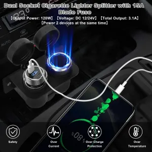 Car Socket with Blade Fuse 2-Socket  Splitter 12V Lighter Power Outlet Replacement Waterproof Plug for Car Marine Truck ATV RV