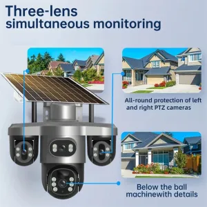 15MP HD V380 Pro Solar Powered PTZ Camera Three Lens Auto Tracking 10X Zoom Color Night Vision IP66 Wireless Outdoor Security Camera