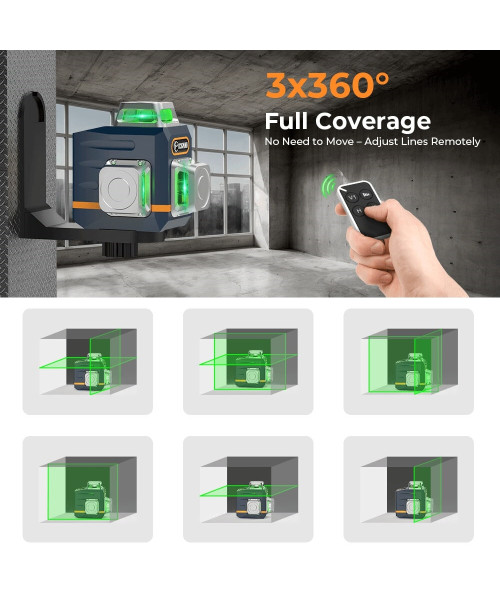 CIGMAN CM-701T 3x360 Laser Level 100ft Green Beam Self-Leveling Remote Control Rechargeable Battery with 1.5m Tripod IP54 Rating