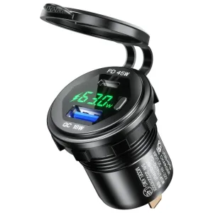12-24V 63W Metal Car Charger Socket 45W PD + 18W QC3.0 with LED Voltage/Power Display ON/OFF Switch for SUV Motorcycle Truck Boat ATV