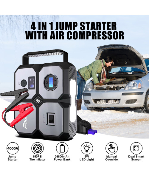 Foursun Car Jump Starter with Air Compressor, Foursun 4000A 26800mAh Jump Starter Battery Pack (All Gas/8.0L Diesel) 150PSI Digital Tire Inflator, 12V Car Lithium Battery Jump Box Pack Power Charger