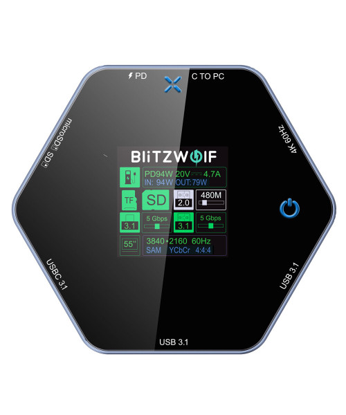 BlitzWolf BW-TH16 8 in 1 USB Hub LCD Smart Display Type-c Docking Station with USB3.1 Type-C 3.1 HD 4K@60Hz SD/TF Card Slots 100W PD Power Delivery