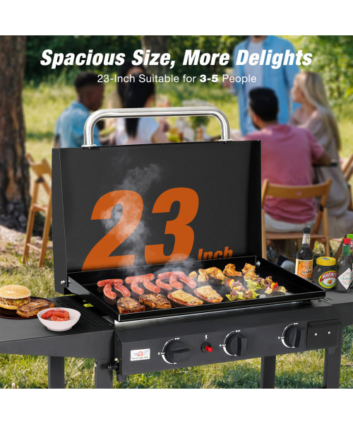 3 Burner Gas Griddle,23''Outdoor Propane Griddle with Hood,Portable Flat Top Gas Grill - Griddle Station for Camping