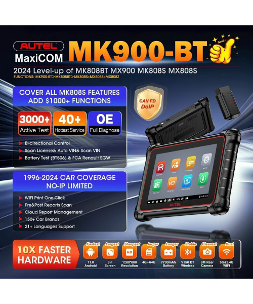 Autel MaxiCOM MK900BT 11 OS 8-inch LCD Auto Diagnostic Scanner Tool 40+ Reset Bi-directional Control Active Test