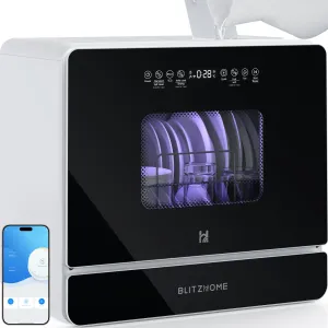 BlitzHome BH-6-CDW1 Smart Portable Countertop Dishwasher With APP Control 5.2L Built-in Water Tank 9 Programs PTC Hot Air Drying 3D 360 3 Sprayers Water-Saving