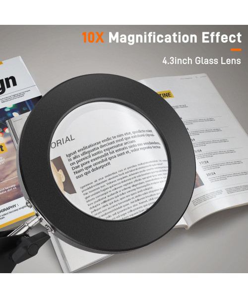 GOCHIFIX 2in1 10X Magnifying Glass with Light LED Magnifying Lamp with Stand and Clamp Rack,3 Color Modes 10 Level Brightness for Craft Reading Repair Close Work