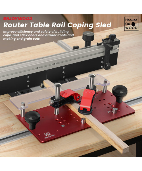 ENJOYWOOD Hooked On Wood Precision Router Table Rail Coping Sled Woodworking Professional Rail Guide Safety Coping Sled for Cabinet Door Joints / Drawer Fronts