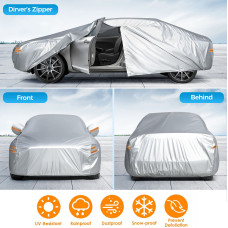 190T Polyester Car Full Covers All Weather Automobiles Outdoor With Windproof Strap 6 Reflective Strips for Sedans Coupes Silver UV Risistant Rainproof Dustproof Snowproof