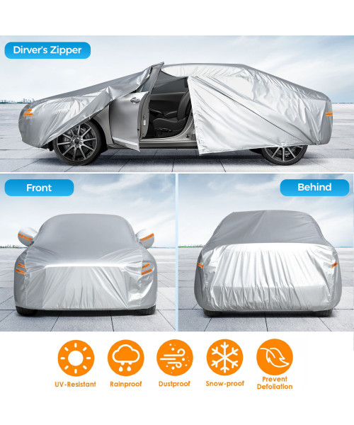 190T Polyester Car Full Covers All Weather Automobiles Outdoor With Windproof Strap 6 Reflective Strips for Sedans Coupes Silver UV Risistant Rainproof Dustproof Snowproof