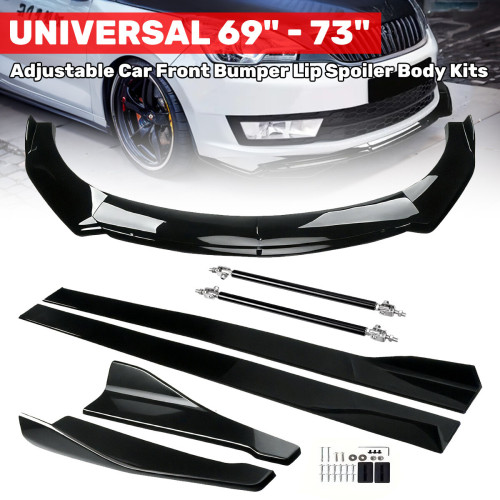 69" - 73" Adjustable Car Front Bumper Lip Spoiler Body Kits Universal + 86.6"/ 2M Car Side Skirt Extension Rocker Panel Body Kit + 18.89" Auto Rear Lip + Adjustable 8-11" Splitter Rods