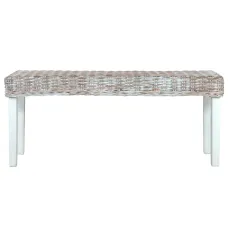 Bench 43.3" White Natural Kubu Rattan and Solid Mango Wood