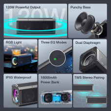 BlitzWolf BW-WA3 Pro 120W bluetooth Speaker Portable Speaker Quad Drivers Deep Bass Diaphragm EQ Stereo RGB Light TWS 16000mAh Power Bank Outdoors Wireless Speaker