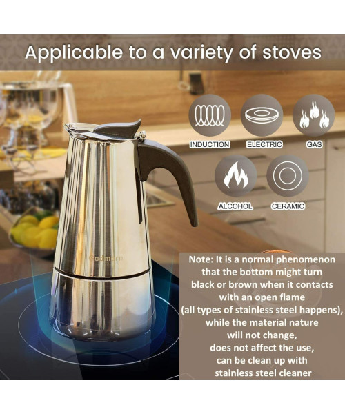 Godmorn Stovetop Espresso Maker, Moka Pot, Percolator Italian Coffee Maker, 300ml/10oz/6 cup (espresso cup=50ml), Classic Cafe Maker, stainless steel , suitable for induction cookers