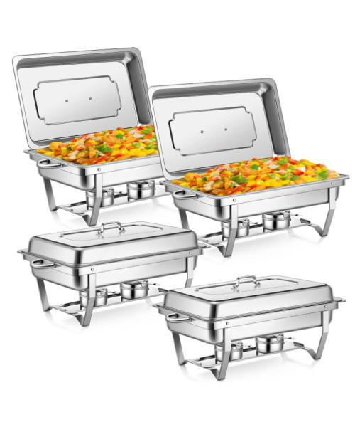 Warmounts 2/4/6-Pack Chafing Dishes Set 9QT/Foldable Glass Lid, Stainless Steel Food Warmer Set, Full Size Water Pan, Fuel Holder for Cooked Food Insulation for Party Catering Events Wedding Banquet