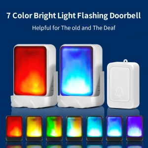 7 Colors Light Flash Changable Music Doorbell Volume Adjustable Built-in 28 Music Wire-free Wireless Door Chime Flash Bell Reminder for Deaf Old People Service Pager