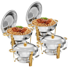 WARMOUNTS Chafing Dish Buffet Set, 5QT 2/4 Pack Gold Accent Stainless Steel Chafers and Buffet Warmers Sets with Lid & Lid Holder for Parties Catering Events Weddings Banquets