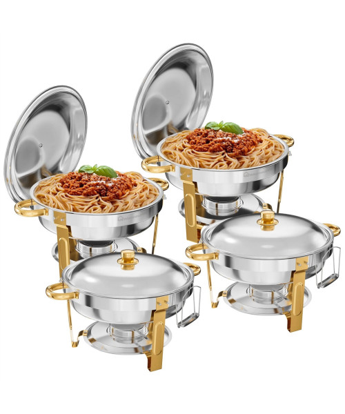 WARMOUNTS Chafing Dish Buffet Set, 5QT 2/4 Pack Gold Accent Stainless Steel Chafers and Buffet Warmers Sets with Lid & Lid Holder for Parties Catering Events Weddings Banquets