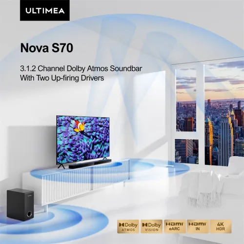 Refurbished ULTIMEA Nova S70 3.1.2 Soundbar 390W True Dolby Atmos Soundbar BassMax 4K Dolby Vision HDR Passthrough 3EQ Modes Wired Speaker Subwoofer