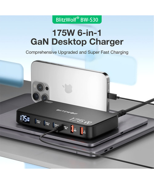 [GaN Tech] Blitzwolf BW-S30 175W 6-Port USB PD Charger 4USB-C+2USB-A QC PD Digital Display Fast Charging Desktop Charging Station for iPhone 16 16 Pro 15 14 13 Pro Max for MacBook Pro for Airpods for Apple Watch