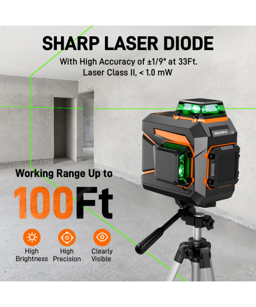 GOCHIFIX 2x360 Laser Level Leveling Green 360 Self Line Laser Level Tool Wall Suction Stand Receiver 100ft Line Laser for Picture Hanging Outdoor Rechargeable Battery,2x360,2D