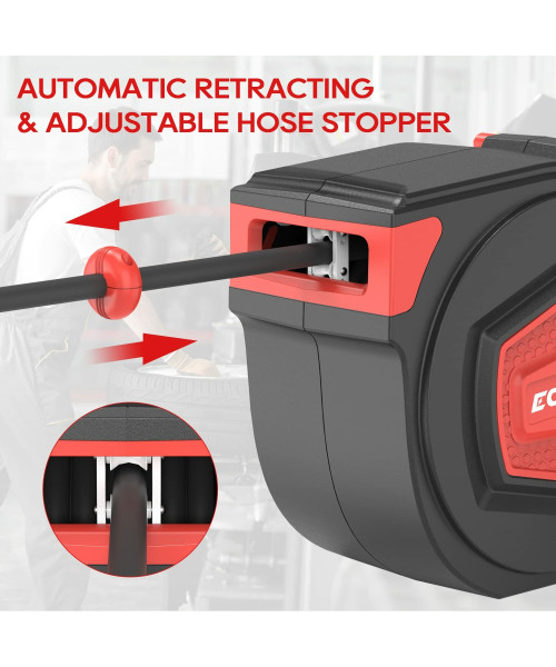 ECOMAX 3/8 in. x 50 ft Retractable Enclosed Air Hose Reel with Auto Rewind Heavy Duty Reel NPT 1/4 Inch Any Length Lock 180 Swivel Bracket MAX Pressure 348 PSI