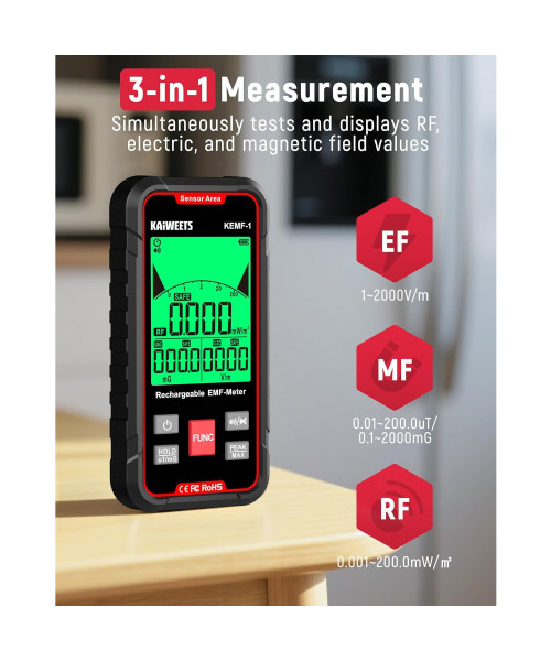 KAIWEETS KEMF-1 EMF Detector 3-in-1 Handheld Rechargeable Meter Magnetic Electric RF Radiation WiFi Signal Detection Sound Alarm Google Ads Trend Graph Indicator