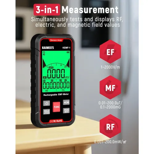 KAIWEETS KEMF-1 EMF Detector 3-in-1 Handheld Rechargeable Meter Magnetic Electric RF Radiation WiFi Signal Detection Sound Alarm Google Ads Trend Graph Indicator