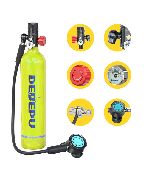 DEDEPU S5000PLUS-B 1L Scuba Tank Oxygen Diving Cylinder with 8-20 Minutes Respirator Breathing Portable Snorkeling Scuba Tank Kit with Snorkel Mask Adapter