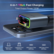 Bakeey Retractable 131W 4 in 1 2-Port USB PD Fast Charging Car Charger Adapter with iP+Type-C Telescopic Cable for iPhone 16 16 Pro 15 14 13 Pro Max for Samsung Galaxy Z Flip6 for Xiaomi MIX Fold4 for Huawei Mate XT