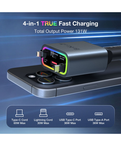 Bakeey Retractable 131W 4 in 1 2-Port USB PD Fast Charging Car Charger Adapter with iP+Type-C Telescopic Cable for iPhone 16 16 Pro 15 14 13 Pro Max for Samsung Galaxy Z Flip6 for Xiaomi MIX Fold4 for Huawei Mate XT